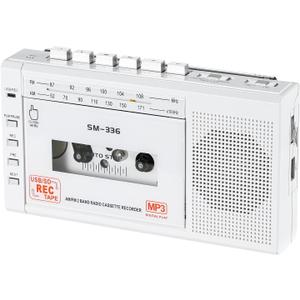 Portable Cassette Tape Player to Digital Converter via USB/SD Card, Record to Cassette/U Disk/SD Card via Mic, Power by AC or AA Battery, Portable Cassette Recorder with Speaker and Headphone Jack (White)