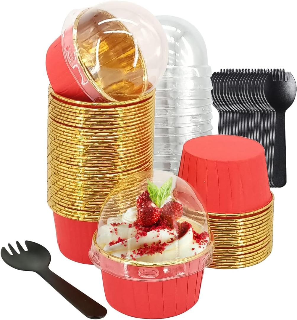 Large Cupcake Liners Baking Cups 50 Pack,LNYZQUS 5oz Foil Muffin Cups Muffin Tins,Disposable Ramekins Tins with Lids and Spoons,Cupcake Wrappers Holders for Wedding Bakery-Red in gold