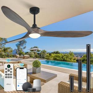 Ceiling Fan with Lights, 72'' Solid Wood Indoor/Outdoor Ceiling Fan with Quiet Reversible DC Motor, Control with WIFI Alexa App, 3CCT Dimmable, 6 Speeds Dark Brown Outdoor Fan for Patio Porch