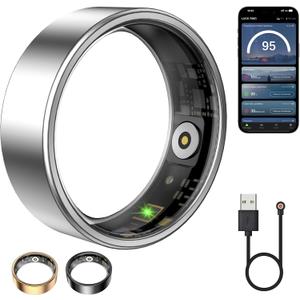 Smart Ring for Women & Men, Fitness Tracker with Heart Rate, Blood Oxygen, Sleep Monitoring, Long-Lasting Battery, IP68 Waterproof, Compatible with Android & iOS (Silver, 10#)