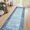 Lahome Abstract Runner Rug,2.5x8 Hallway Runner Rug Non-Slip Washable Blue Kitchen Runner Rugs,Low-Pile Soft Bedroom Runner Minimalist Solid Indoor Carpet Runners for Entryway Bathroom Laundry Room (Dark Blue Border/White)