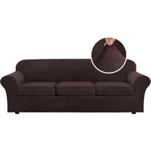 H.VERSAILTEX High Stretch Sofa Slipcover 4 Piece Cover Velvet Furniture Protector Form Fit Thick Velvet Extra Large Sofa Cover for 3 Cushion Couch Width Up to 97 Inch (Large Sofa, Brown)