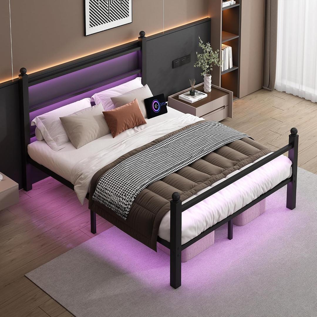 CLIBFENG Full Size Bed Frame with Headboard and Footboard,Steel Slats Support-LED Bed Frame with Charging Station,Mattress Foundation-Under Bed Storage, No Box Spring Needed,Noise Free,Black