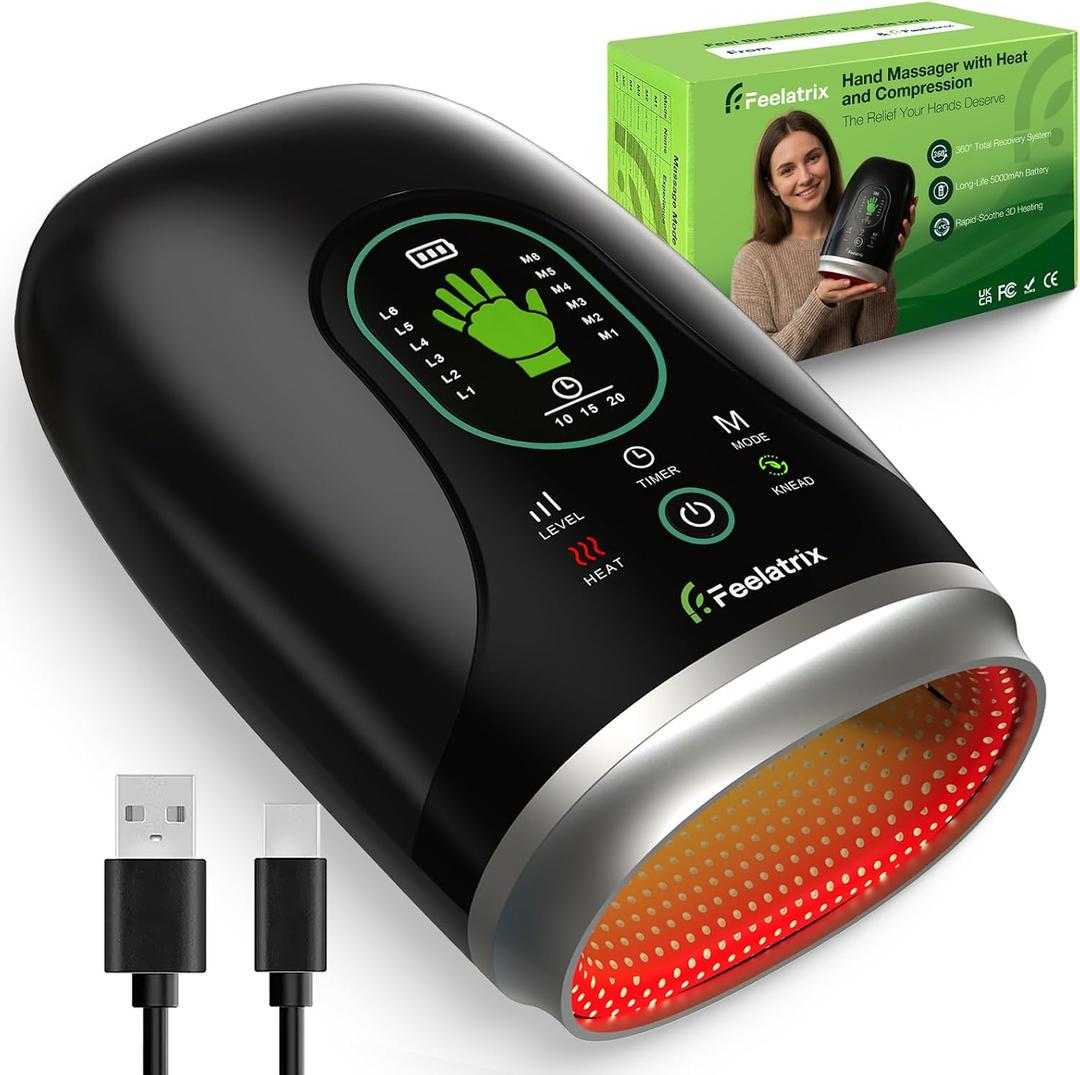 Hand Massager with Heat and Compression, Finger Stretching & Deep Palm Kneading for Arthritis and Carpal Tunnel Relief, 6 Modes 6 Intensities, 4000mAh Rechargeable Gift for Women Men
