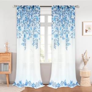 DriftAway Floral Sheer Curtains for Living Room Navy Blue Flower Printed Light Filtering Curtain Drapes for Bedroom 84 Inches Long 2 Panels Set Rod Pocket Window Treatments Modern Elegant Curtain