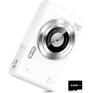 Digital Camera, Camera for Kids, UHD 4K 48MP Point and Shoot Digital Cameras with 64GB SD Card and 16X Digital Zoom Anti Shake, Compact Portable Small Gift for Boys Girls Students,White