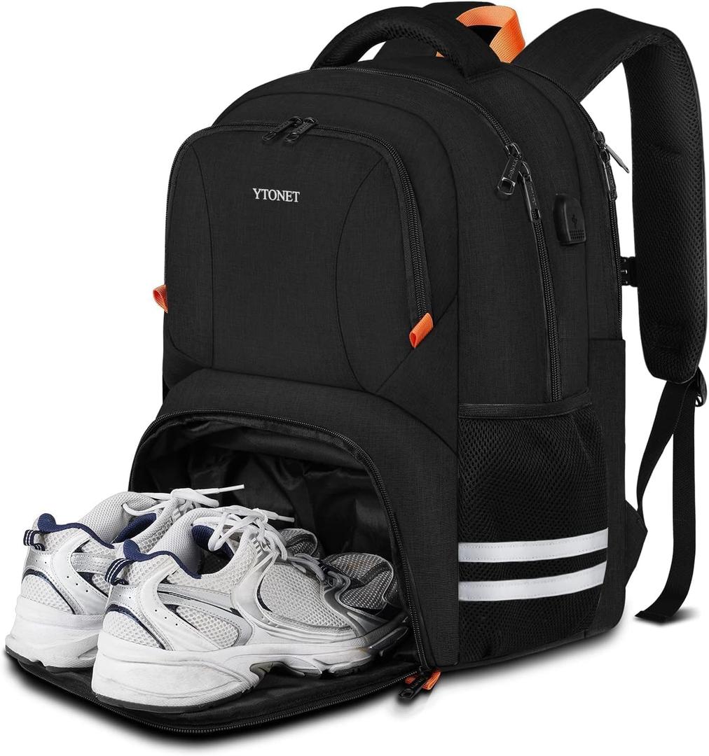 Ytonet Gym Backpack For Men Women, Travel Sports Track Bag With Shoe Compartment USB Charging Port, Large Workout Laptop Backpack Water Resistant College Bag Fit 15.6 Inch, Camping, Black