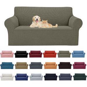 2025 New Stretch Loveseat Sofa Slipcovers Couch Cover for 2 Cushion Furniture Protector Sofa Covers with Elastic Bottom Jacquard Fabric Small Checks for Pets, Kids - Khaki