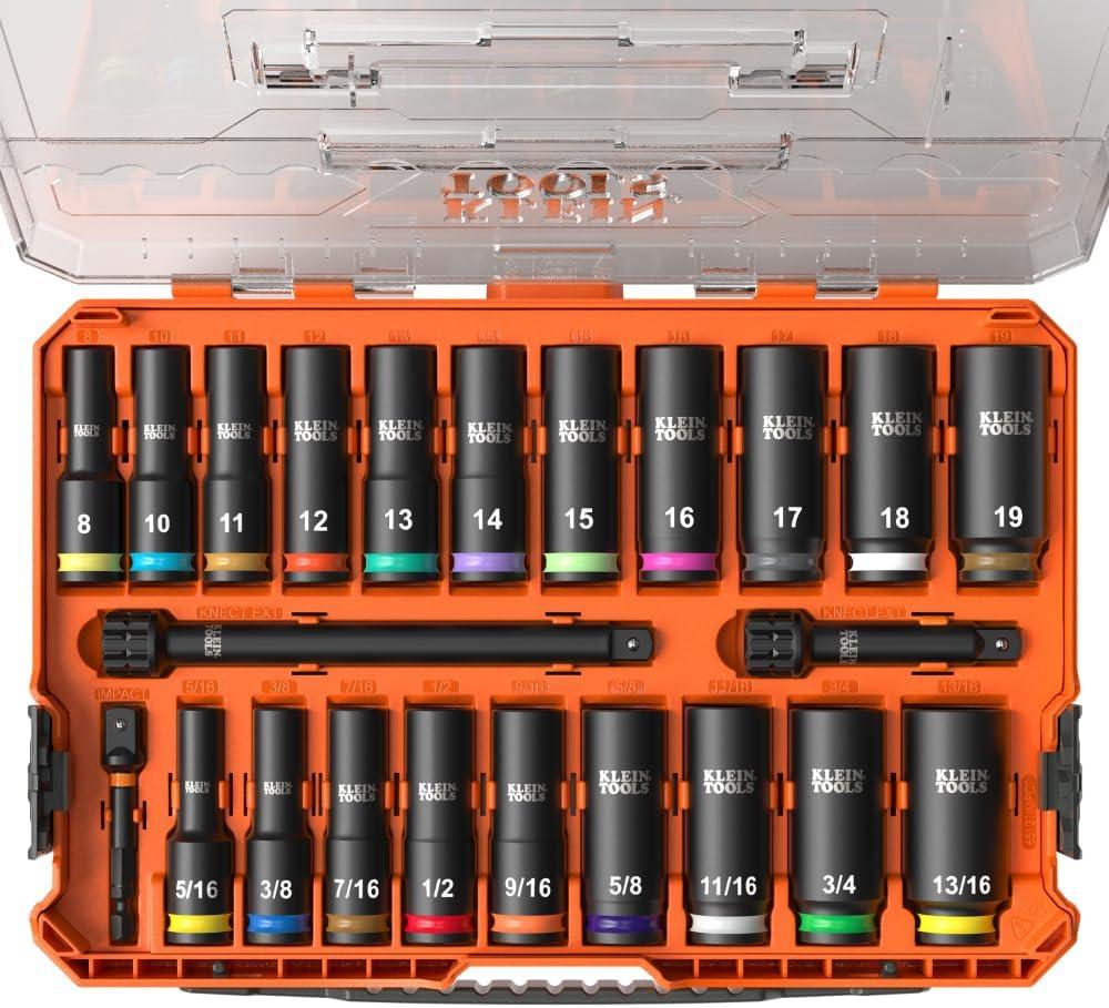 Klein Tools 65121IMPCT KNECT Deep-Well 3/8-Inch Drive Impact Socket Set, SAE and Metric, 23-Piece Tool Set, Impact Driver Adapter, Multi-Purpose Wrench Adapter, Color-Coded, MODbox Socket Organizer