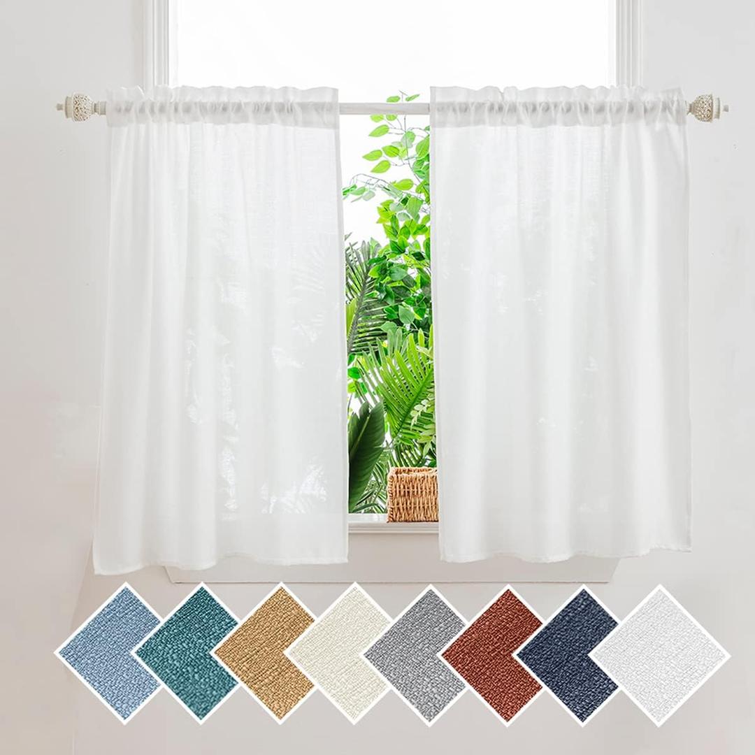 Yancorp White Linen Textured Short Kitchen Tier Curtains - 36 Inch Length, Farmhouse Cafe Style for Small Windows in Bathroom, Laundry Room (White, W24 x L36)