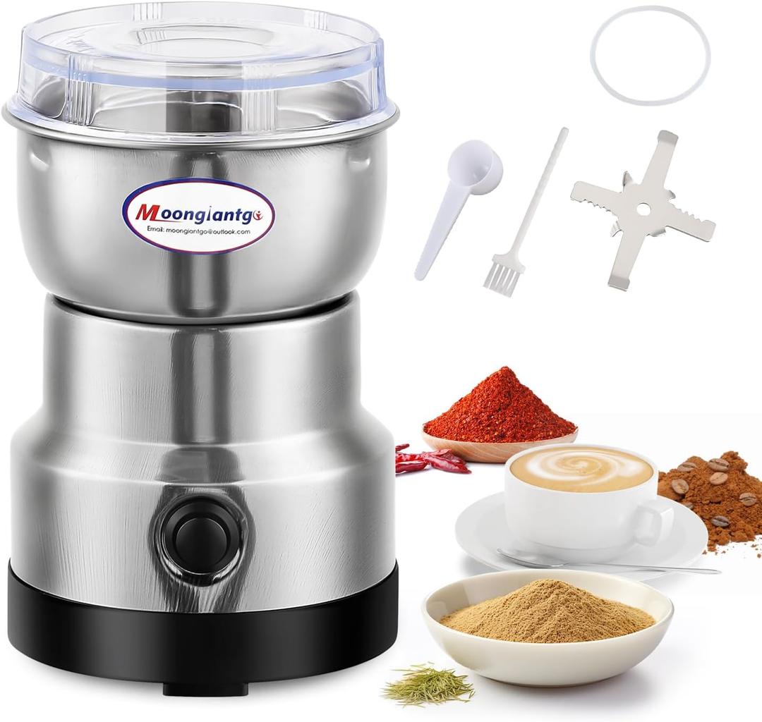 Moongiantgo Coffee Grinder Electric, Mini Spice Grinder, 200W 10s Fast Grinding, Dry Grain Mill for Spices Seeds Rice Beans Seasonings, with Replacment Stainless Steel Blade (Silver, 110V)