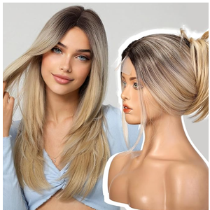 Wigs,Natural Central Lace Bob, Premium Heat-Resistant Synttic Straight Wigs for Women Daily Use(Ombre Light Blonde with Brown Highlight)