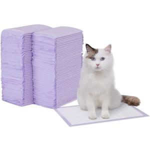 Amazon Basics Cat Pee Pads, Super Absorbent, Odor Control with Fresh Scent, Universal Fit for Litter Box, Multi Cat, Disposable, White/Purple, 100 Count (16.9 x 11.4Inch)