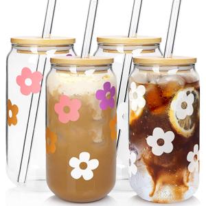 Mason Life Glass Cups with Lids and Straws, 18OZ Iced Coffee Cups with Lids, Cute Glass Cups Smoothie Cups, Glass Tumbler, Reusable Coffee Cup Beer Can Shaped Drinking Glasses-Set of 4