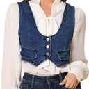 Allegra K Women's Denim Vest Sleeveless Button Down Cropped Casual Jean Vest Tops Western Cowgirl Outfits (XS, Dark Blue)