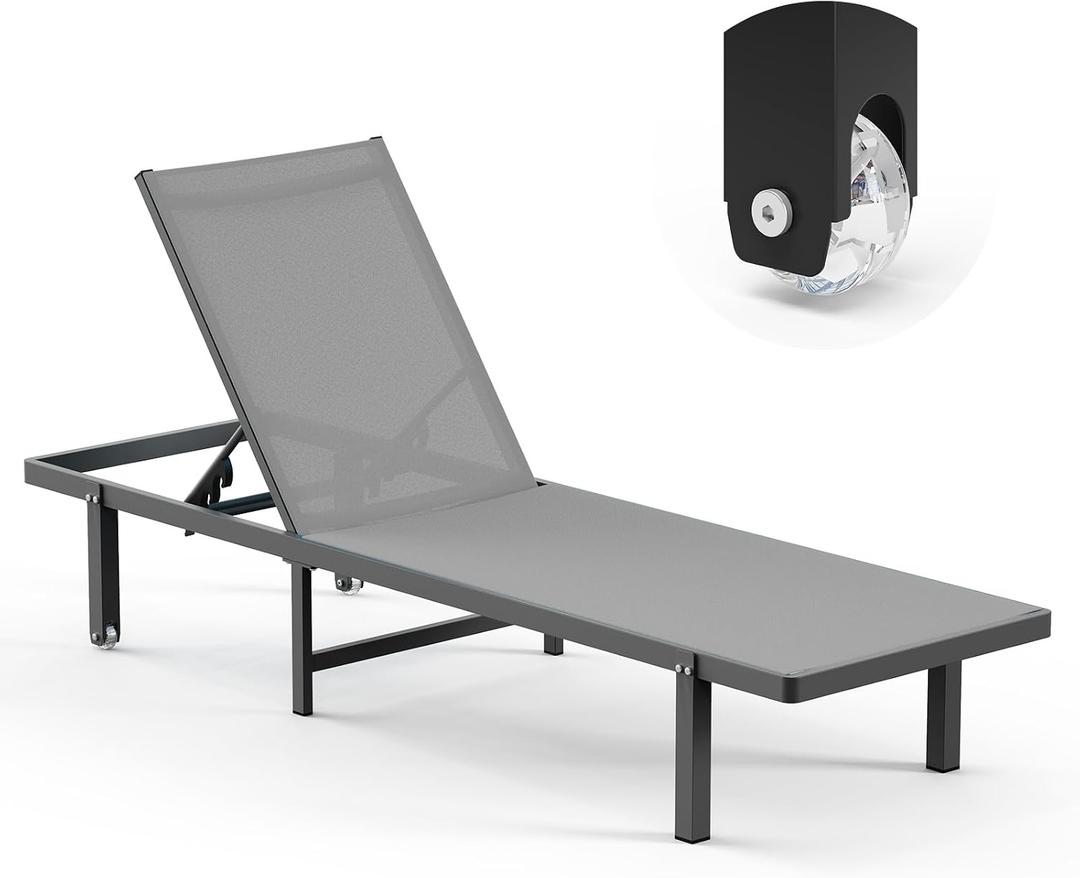 Lounge Chair Outdoor with Wheels, Aluminum Chaise Lounge Outdoor with 5 Adjustable Backrest, Outdoor Chaise Lounge for Poolside, Deck, Beach (Darkgray), S-1 Pack