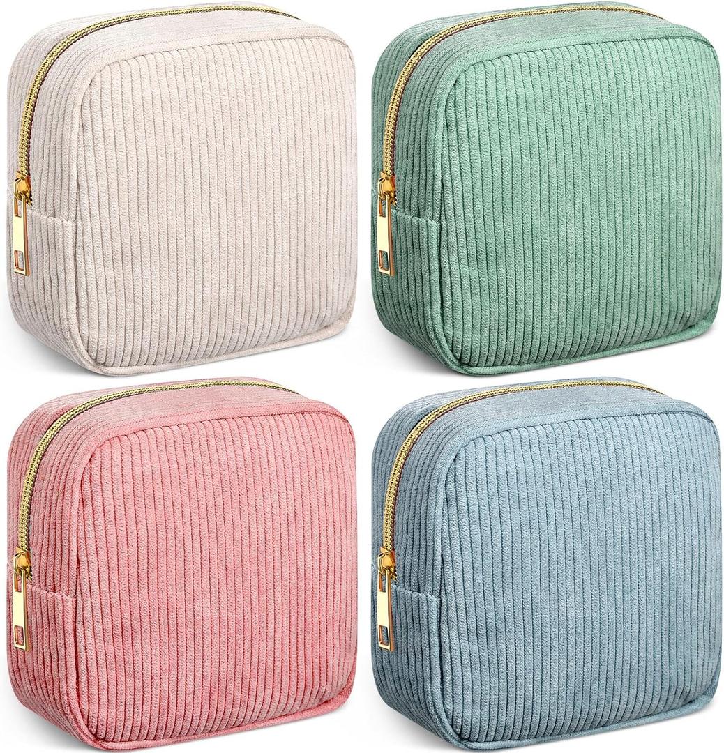 Dansydaisy 4 Pcs Sanitary Napkin Storage Bag Blue Corduroy Period Bag for Gift School Teen Makeup Mini Preppy Cosmetic Wallet Set for Women Teacher Portable First Period Cute Pad Pouch with Zipper (Morandi Color)