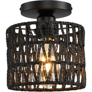 Ceiling Light Fixture,Hand-Woven Rattan Flush Mount Ceiling Light,Farmhouse Light Fixtures Ceiling Mount Boho for Hallway Bedroom Kitchen Entryway Living Room (1 Pack Black)