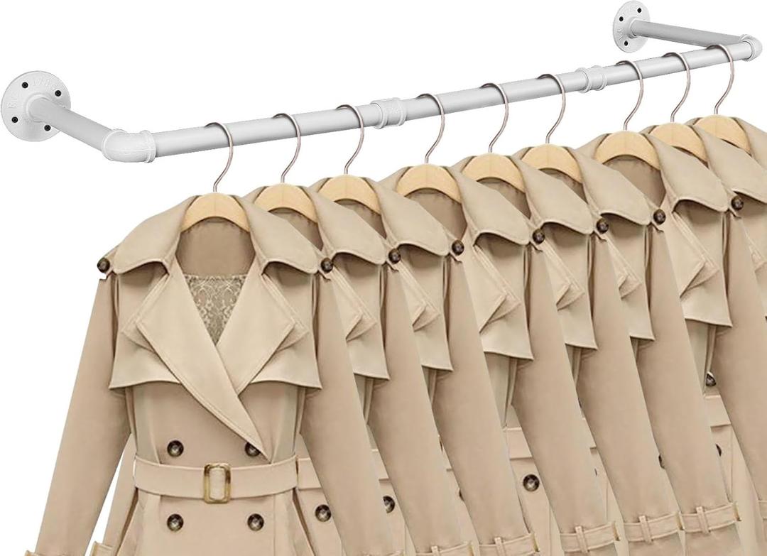 Industrial Iron Pipe Clothes Hanging Bar DIY Wall-Mounted Garment Rack Heavy Duty Clothing Rack for Bedroom, Laundry Room, Closet Storage (White 40 inch)