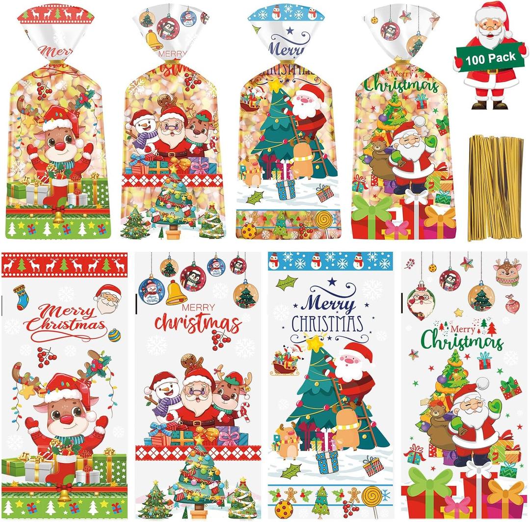 100 Pcs Merry Christmas Treat Bags - Clear Xmas Cellophane Gift Goodie Bags, Plastic Santa Claus Goody Candy Snack Bag with Twist Ties for Winter Christmas Themed Party Supplies Favors, 4 Styles