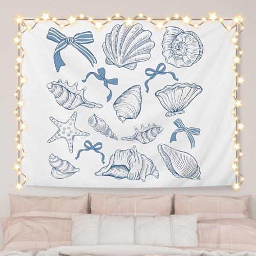 AQYIP Coquette Blue Bow Seashell Ocean Beach Tapestry Wall Hanging, Preppy Beach Tapestry Decorative, Blue Coastal Wall Blanket Decor for Girls Room Dorm Apartment Bedroom, 50x60 Inch