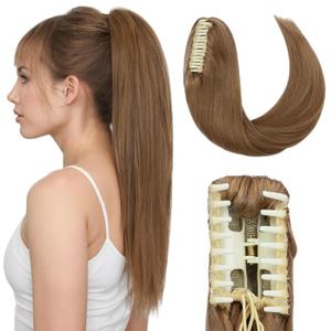 Hairro Clip On Ponytail Hair Extensions Jaw On Claw Clip Ponytails Real Hair Long Jaw/Claw Pony Tail With Clips Hairpieces For Women 22 Inch 120g #27 Dark Blonde