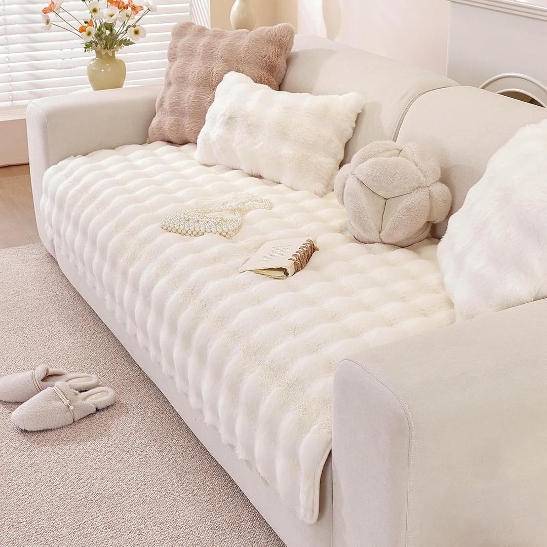 OstepDecor Faux Fur Couch Cover, Soft Plush Couch Covers for Sofa, Fuzzy Cozy Bubble Sofa Covers Washable, Pet Friendly Couch Protectors for Dogs, Dog Mat for Couches and Sofas (35.4" x 63", White)