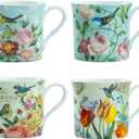 Grace Teaware Bone China Coffee Tea Mugs 10-Ounce, Assorted Set of 4 (Botanical Bird Garden)