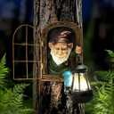 Garden Gnome Decor Outdoor Statue - Gnome With Solar Waterproof Lantern, Whimsical Elf Out The Door Tree Hugger Garden Statues, Home, Fence, Patio, Resin Ornament, Gardening Gift Tree Faces Gnomes