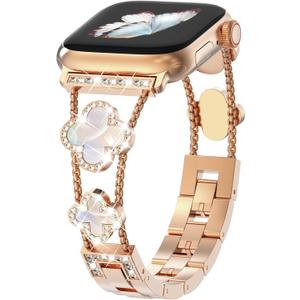 Bling Diamond Band Compatible with Apple Watch Bands for Women 40mm 41mm 38mm 42mm Series 11 10 9 8 7 6 5 4 SE3 3 2 1, Jewelry Metal Bracelet Wristband, Cute Lucky Clover Dressy iWatch Band (Rose Gold/Iridescent)