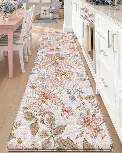 DEXI Kitchen Mats for Floor, 23x86 Spring Cushioned Standing Mat Anti Fatigue, Wide Waterproof Comfort Floral Padded for Laundry Room Office, Pink