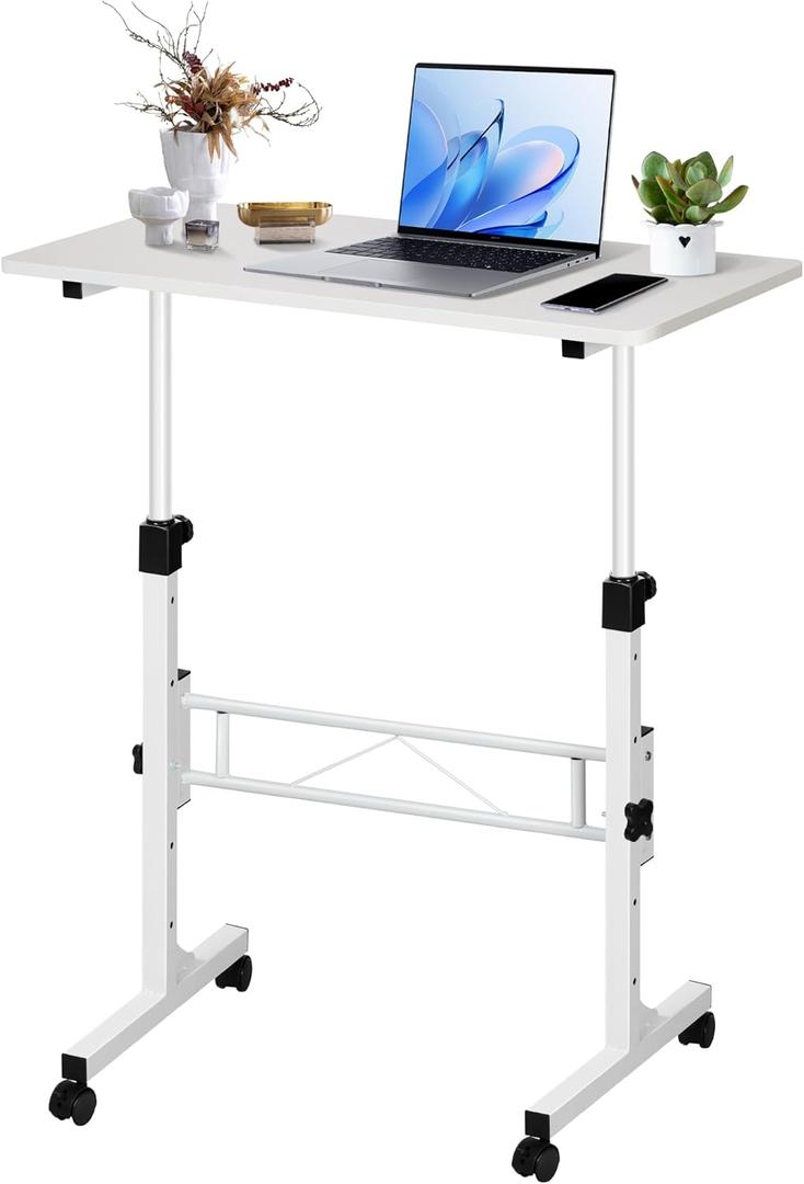 KLSMYHOKI Small Standing Desk Adjustable Height, Mobile Sit Stand up Desk Portable Rolling desks with Wheels Standing Desks for Walking pad Treadmill White