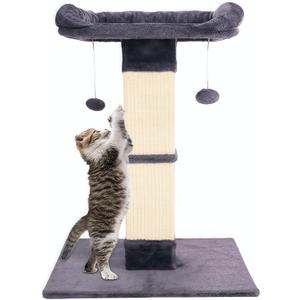 34" Cat Scratching Post for Indoor Cats, Sisal Cat Scratcher with Large Plush Perch, Vertical Posts with Elevated Bed and with Two Dangling Balls, Removable & Washable Cover, Dark Grey
