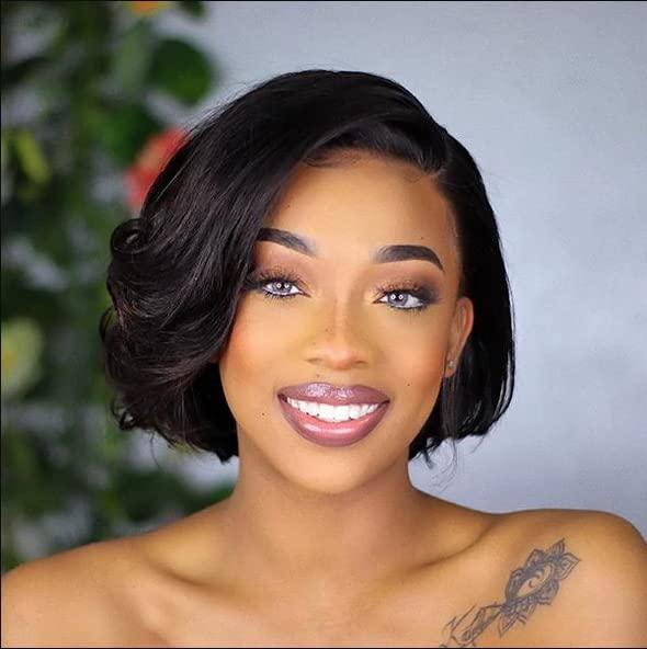 LEOSA Black Bob Curly Wig Lace Front Short Full Lace Side Part Wig for Black Women Short Lace Hair Replacement Wig Synthetic Hair Daily Use