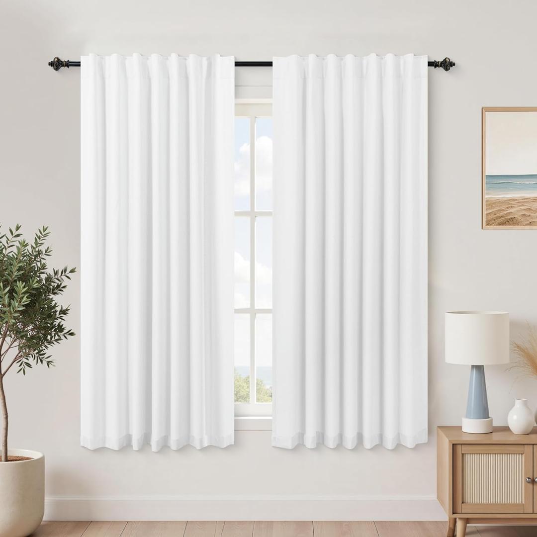 KOUFALL Short Black Out Curtains 54 Inch Long for Bathroom Window, Blackout White Linen Curtains for Bedroom Windows 2 Panels Set 54 Inch Length