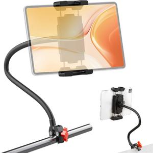 Gooseneck Tablet Holder, 19.69" Metal Crab Clamp iPad/iPhone Mount for Stroller/Treadmill/Golf Cart/Boat/Mic Stand/Gym Bicycle Handlebar Clamp/Desk, Compatible with 4-13" iPad Pro/Air/Mini/E-book
