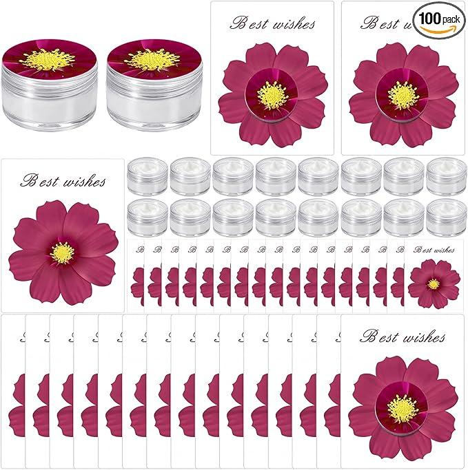 Sieral 100 Sets Wedding Favors for Guests Bulk Depotting Makeup Containers Bridal Shower Prizes Return Gifts Cosmetic Containers with Purple Flower Greeting Card for Guest Bridal Wedding Favor