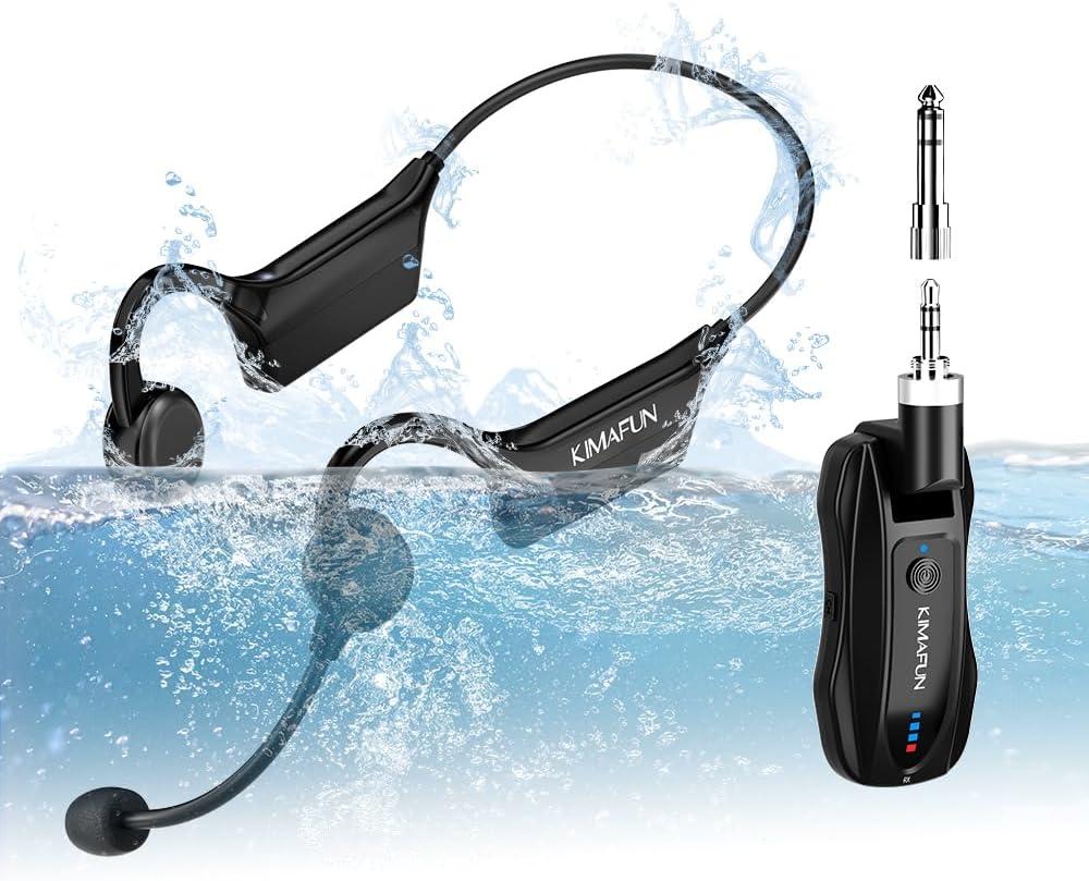 KIMAFUN 2.4G Fitness Headset Wireless Microphone, IP67 Waterproof Sweatproof Microphone for Water Aerobics, Swimming Coach, Fitness Instructor, Yoga, Spinning, Training, Teaching, Speakers, GWP91 (GWP91(1TX+1RX))
