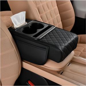 Zpana Car Center Console Armrest Pillow, Memory Foam Leather 4 in 1 Vehicle Arm Rest Cover with Tissue Box 2 Side Storage Bag Cup & Phone Holder, Auto Armrest Cushion, Universal Fit (Black)