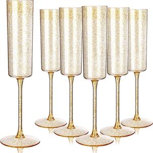 YOUBET 24 Pack Plastic Champagne Flutes - 6 Oz Gold Glitter Disposable Champagne Glasses - Square Plastic Wine Cups Wedding Toasting for Party Birthday Anniversary