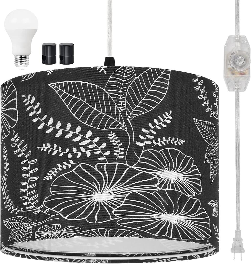 CINSARY Plug in Pendant Light, Hanging Light with Plug in Cord with Dimmable Switch, Hanging Lamp with 15 ft Clear Cord, Black Pendant Light Fixture for Bedroom Kitchen Living Room (Bulb Included)