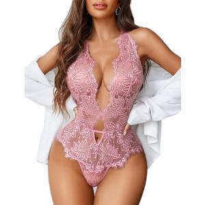 Avidlove Women One Piece Lingerie Lace Bodysuit Deep V Teddy Mini Babydoll,Small, Dark Pink
