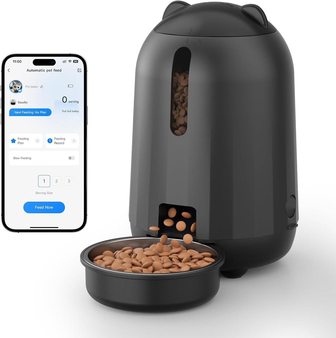 PAPIFEED Automatic Cat Feeder with App Control, 2.4G WiFi Auto Cat Food Dispenser, 3L Cat Feeder Automatic with Dual Power Supply, Easy-Clean Design for Cats & Small Dogs (Black)