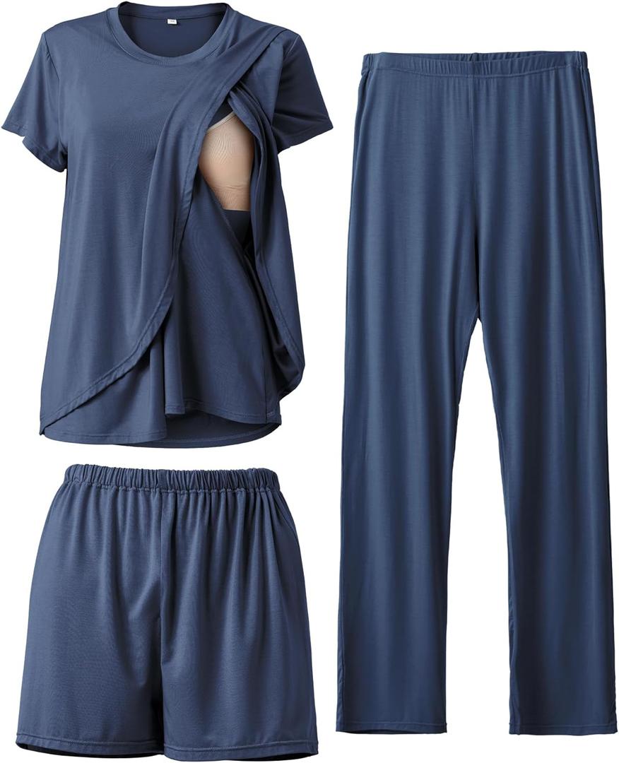 Rnxrbb 3 Piece Postpartum Nursing Pajamas Set Casual Soft Maternity Breastfeeding Pjs Sleepwear Loungewear Clothes Layer (Medium, Navy)