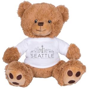 TeesAndTankYou Skyline Seattle Washington Bear: 8 Inch Brown Teddy Bear Stuffed Animal with White Shirt