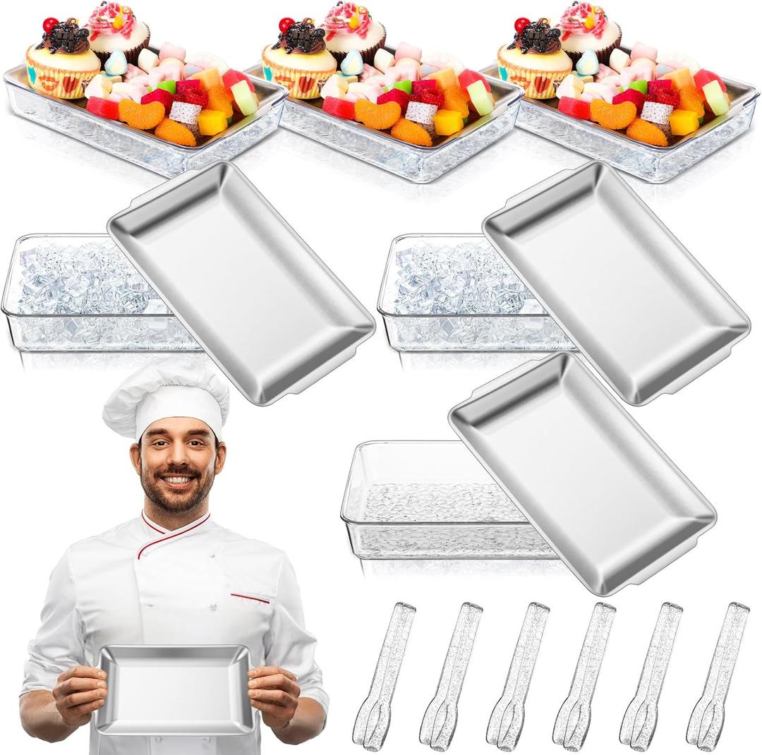 Baderke 6 Set 8.7'' x 5.5'' Chilled Serving Tray for Parties with Tongs, Ice Chilled Party Platter Cold Serving Dish for Charcuterie Dip Fruit Seafood Vegetable Salad Appetizer Shrimp Cocktail(Sliver)