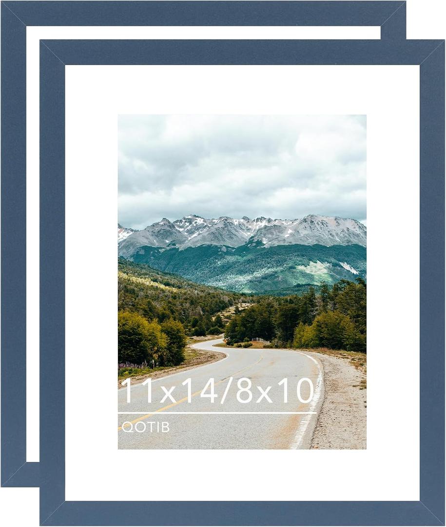 11x14 Picture Frame with 8x10 Mat Navy Blue, Display 8x10 with Mat or 11x14 Without Mat, Wood 11 by 14 Photo Frame, 11 x 14 Frame for Wall Hanging Display, Navy Blue, 2 Pack