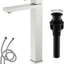 KENES Brushed Nickel Vessel Sink Facuet Single Handle Tall Bathroom Sink Faucet Vanity Bathroom Faucet Basin Mixer Tap with Water Supply Hose and Pop Up Sink Drain, LJ-9031A