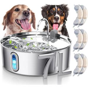 Dog Water Fountain for Large Dogs 7L/236oz Stainless Steel Dog Water Bowl Dispenser Automatic Pet Water Fountain with Deeper Drinking Area, Multi-Filtration Pet Fountain with 6 Filters