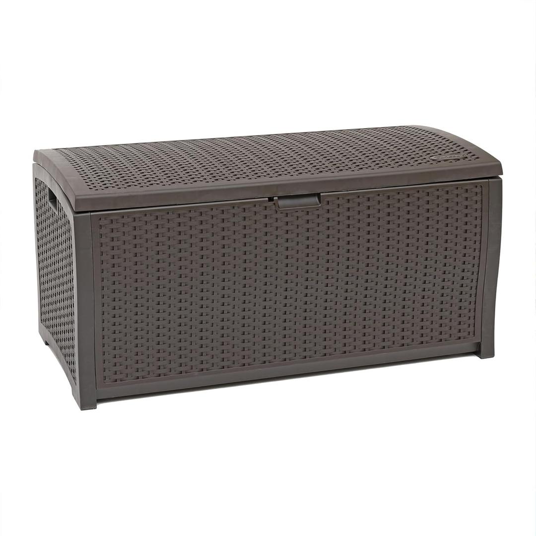 Suncast DBW9200 99 Gallon Outdoor Wicker Plastic Patio Storage Chest Bin with Handles for Patio, Garden, Garage, or Pool for All Weather, Mocha